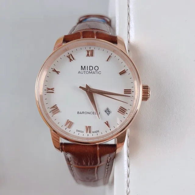 Mido Baroncelli White Dial Rose Gold Tone Brown Leather Mechanical Watch 6