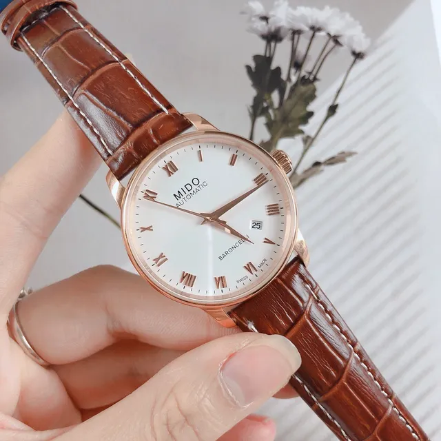 Mido Baroncelli White Dial Rose Gold Tone Brown Leather Mechanical Watch 7