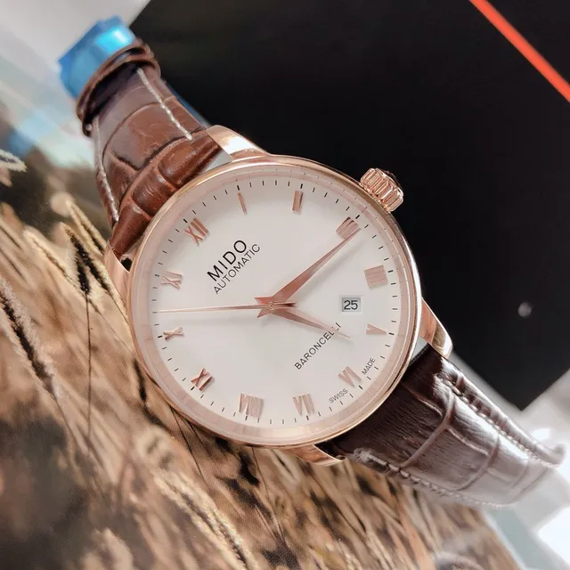 Mido Baroncelli White Dial Rose Gold Tone Brown Leather Mechanical Watch 8