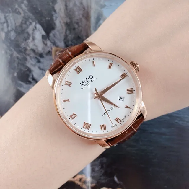 Mido Baroncelli White Dial Rose Gold Tone Brown Leather Mechanical Watch 9