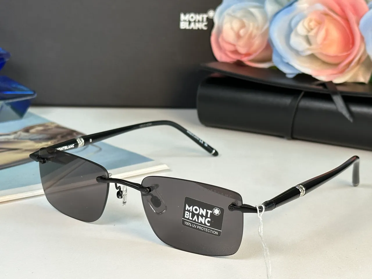 Montblanc Black Gold Rimless Rectangular Sunglasses 2