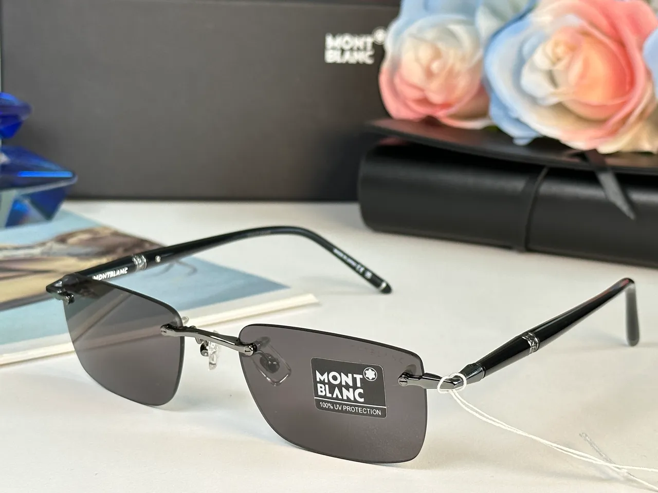 Montblanc Black Gold Rimless Rectangular Sunglasses 3