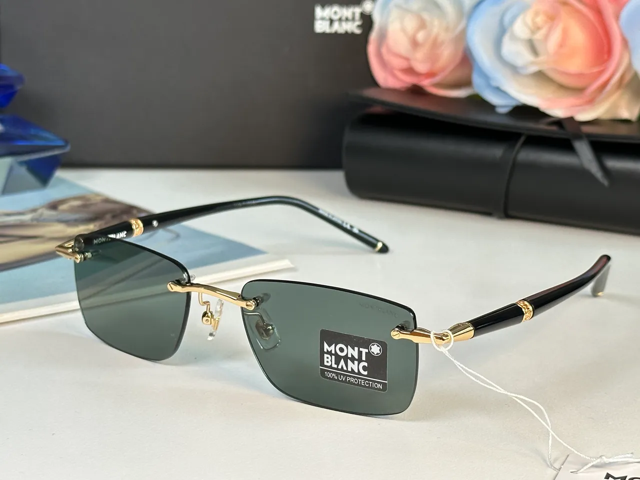 Montblanc Black Gold Rimless Rectangular Sunglasses 4