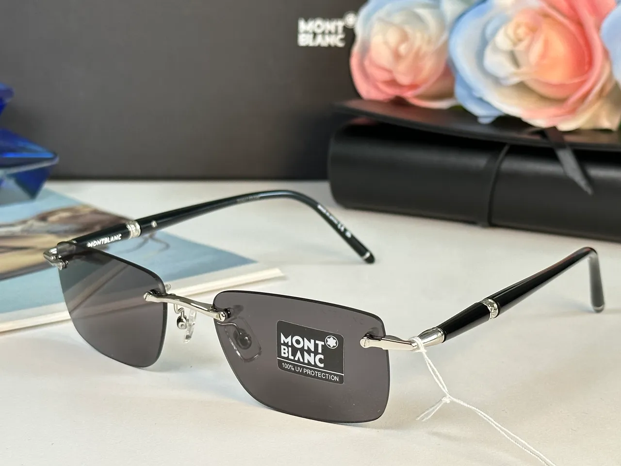 Montblanc Black Gold Rimless Rectangular Sunglasses 5
