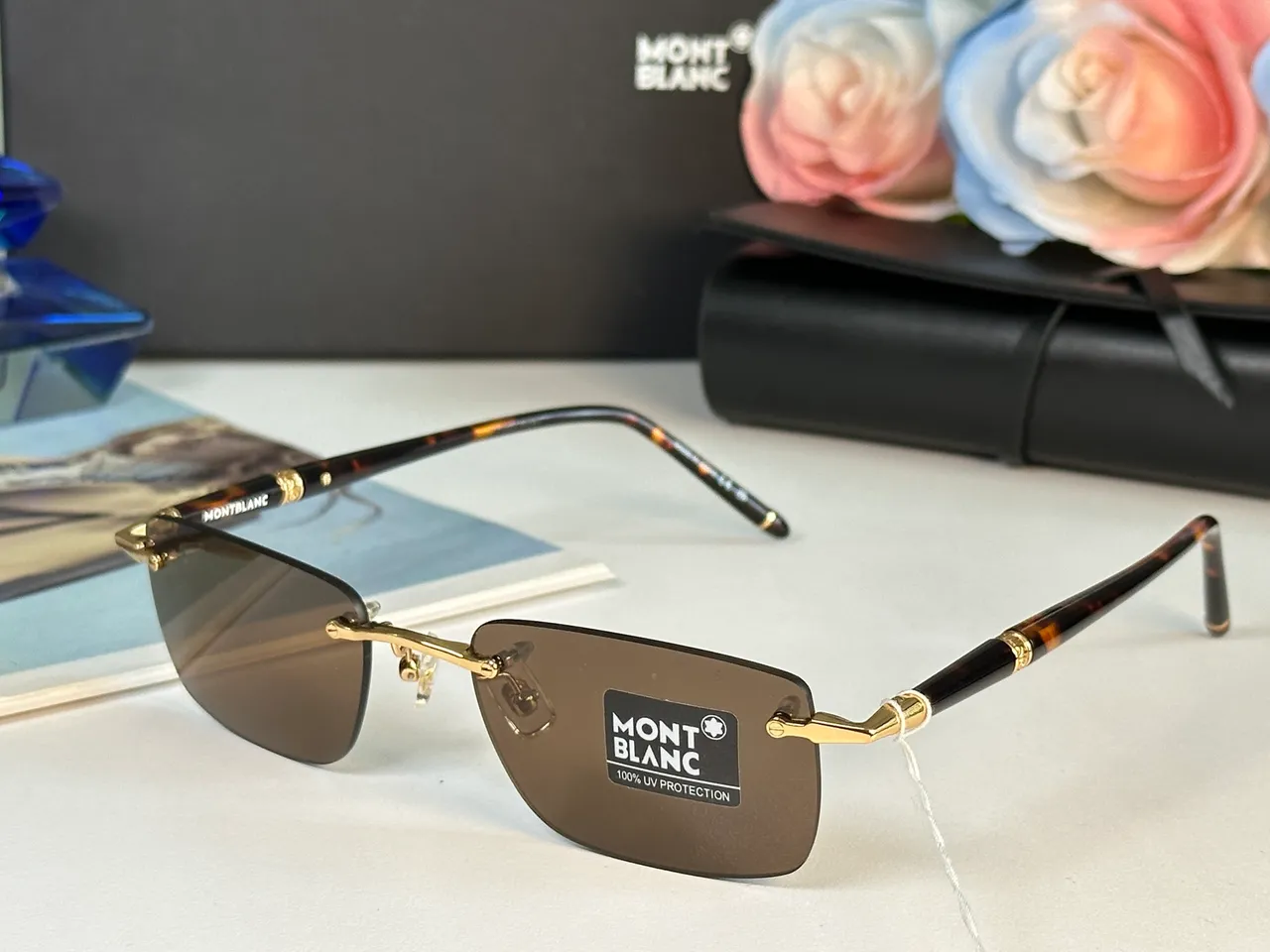 Montblanc Black Gold Rimless Rectangular Sunglasses 6