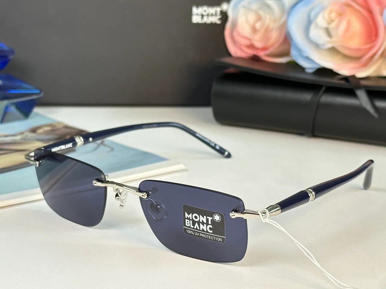 Montblanc Black Gold Rimless Rectangular Sunglasses 7