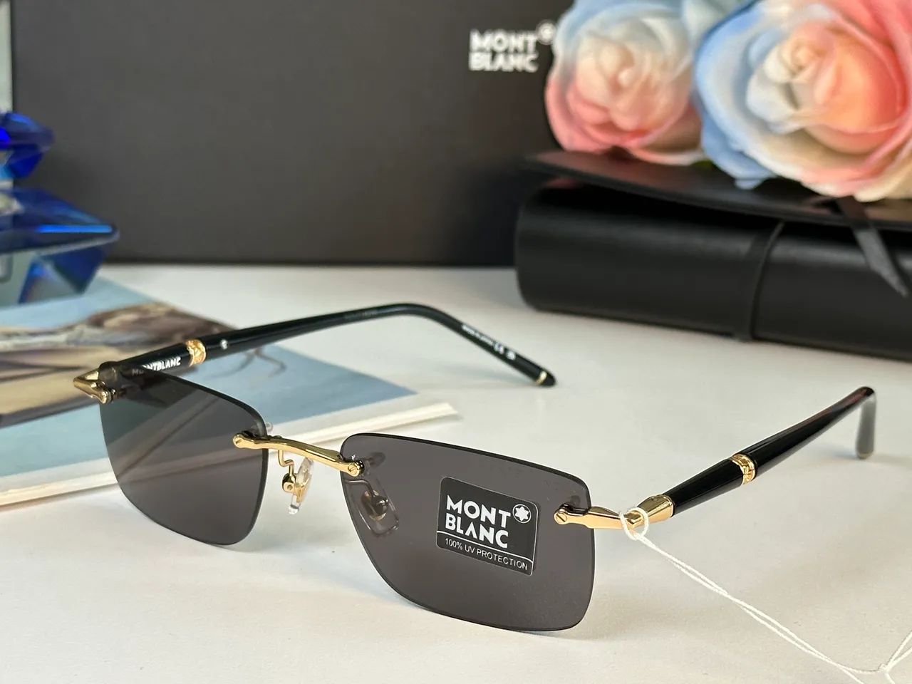 Montblanc Black Gold Rimless Rectangular Sunglasses 8