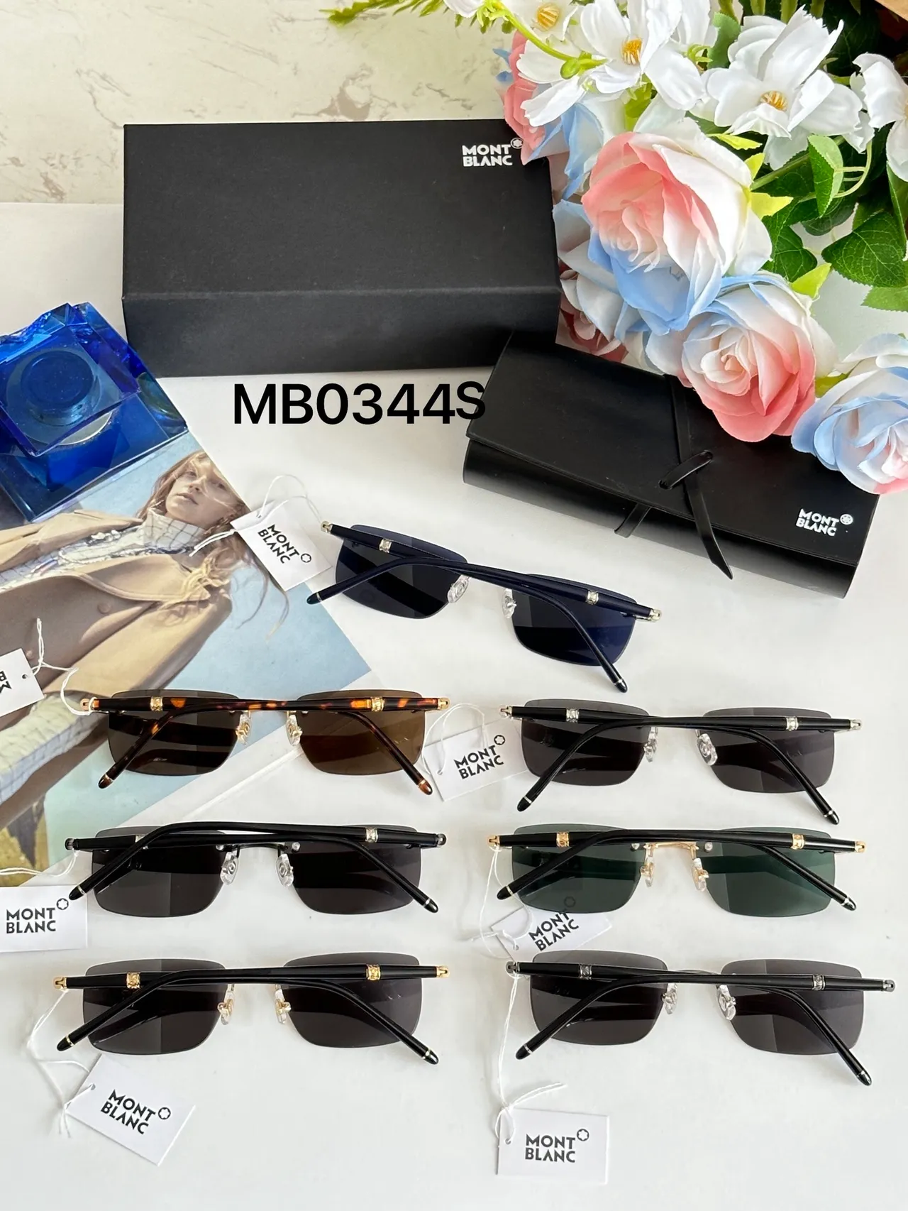 Montblanc Black Gold Rimless Rectangular Sunglasses 9