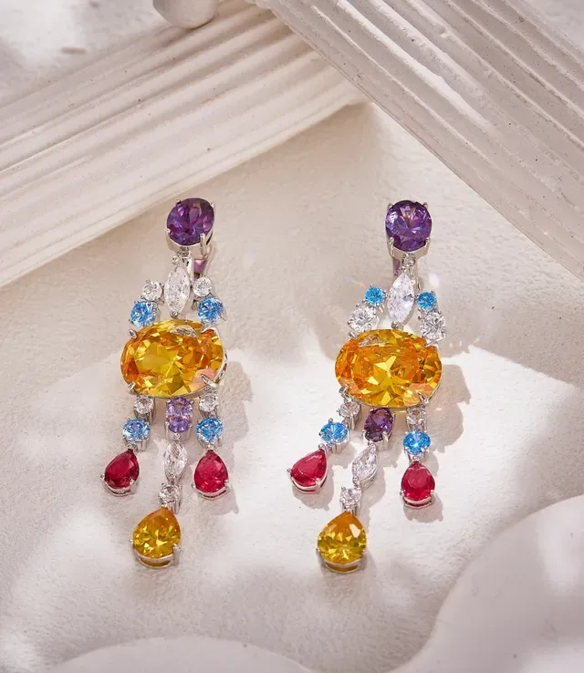 Multicolor Multistone Chandelier Gradient Color Cascade Earrings 7