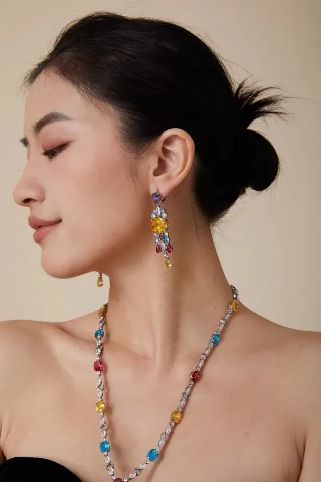 Multicolor Multistone Chandelier Gradient Color Cascade Earrings 8