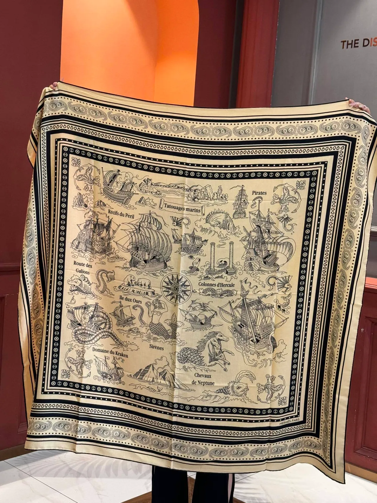 Nautical Map Print Cream and Black Square Silk Scarf 9
