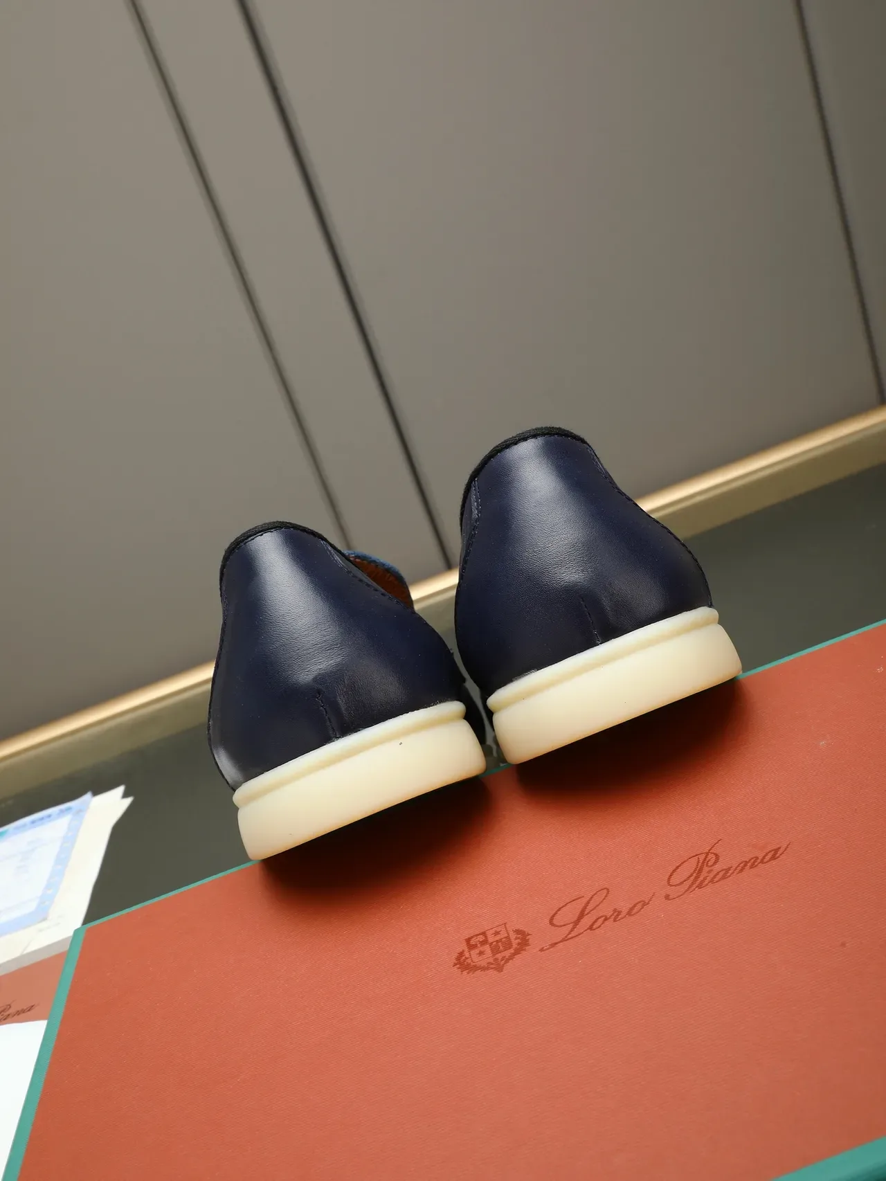 Navy Beige Crocodile-Embossed Leather Metal Logo Plaque Loafer 7
