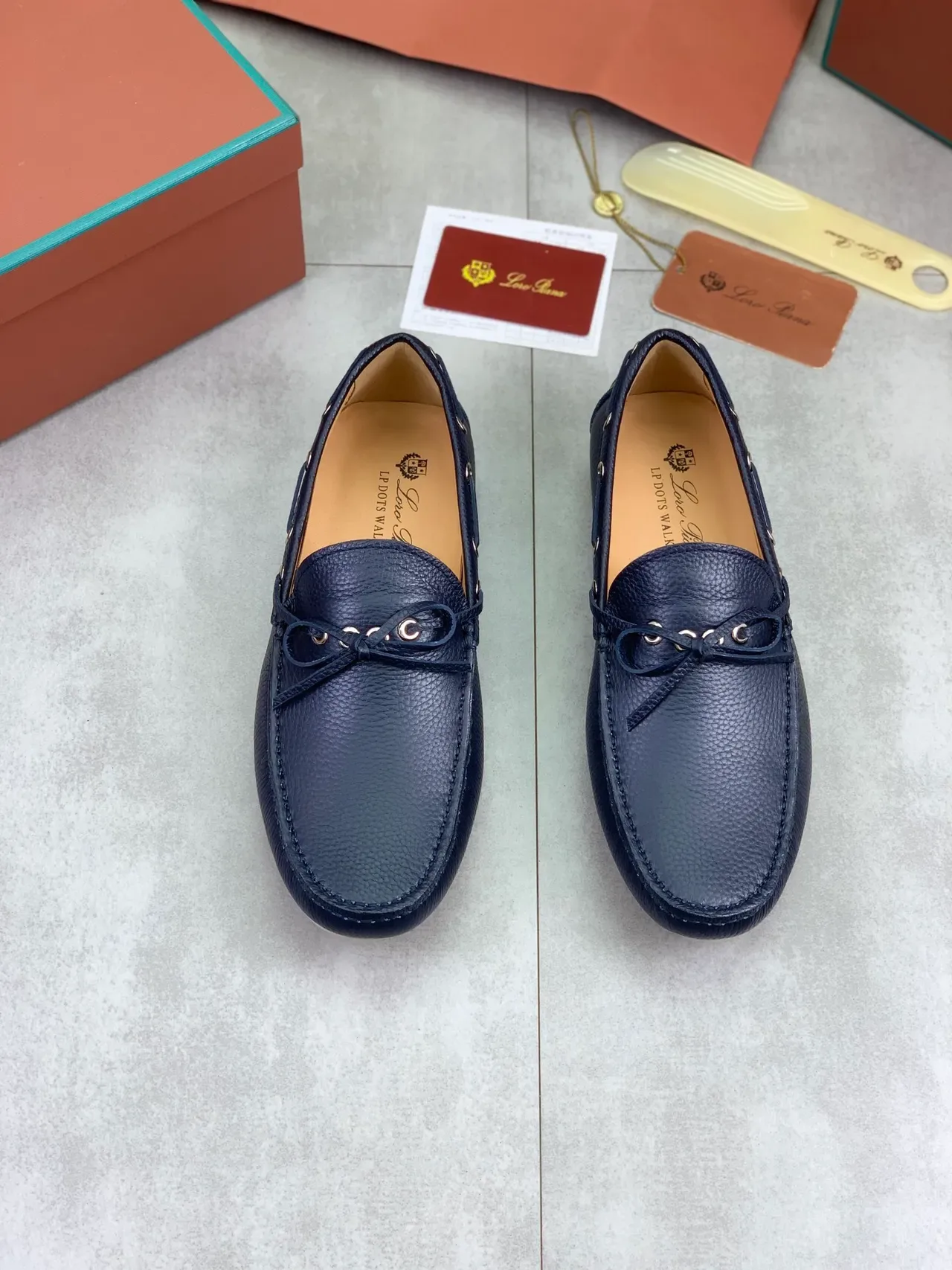 Navy Beige Pebbled Leather Decorative Bow Boat Shoes 4