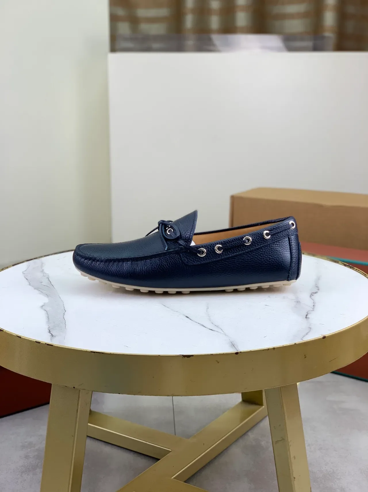 Navy Beige Pebbled Leather Decorative Bow Boat Shoes 5