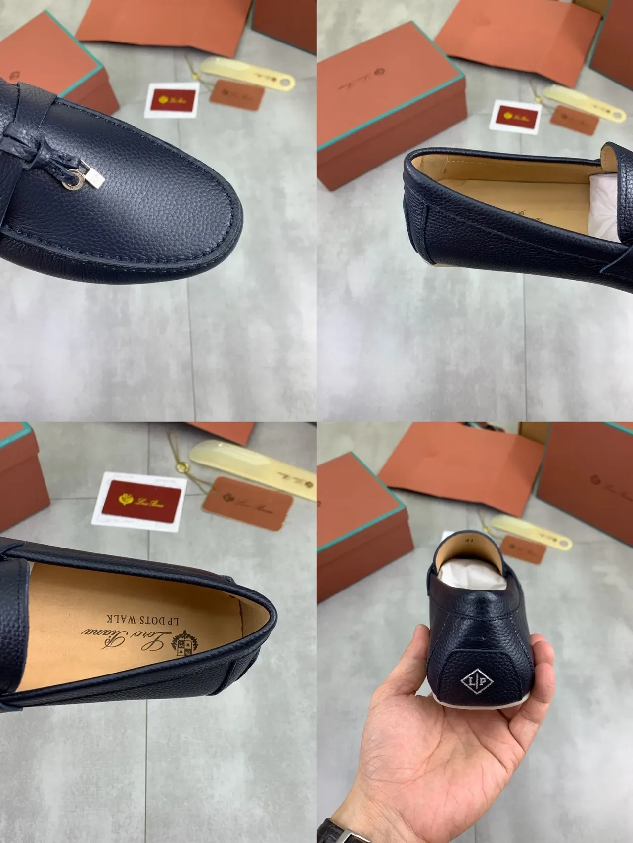 Navy Beige Pebbled Leather Tassel Strap Loafer 2