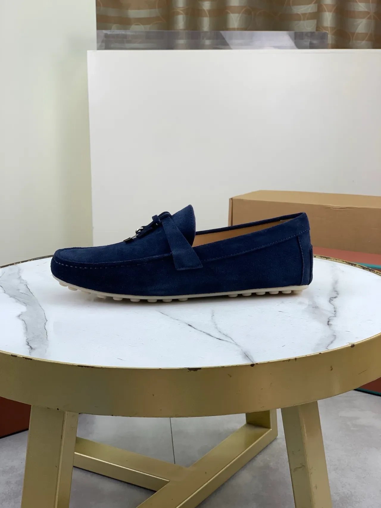 Navy Beige Suede Tassel-Tie Strap Loafer 5
