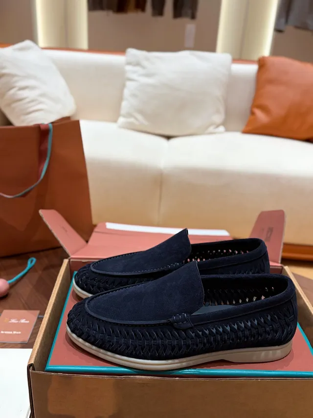 Navy Beige Woven Upper Suede-Like Texture Loafer 4