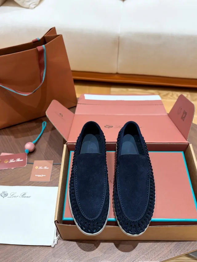Navy Beige Woven Upper Suede-Like Texture Loafer 5