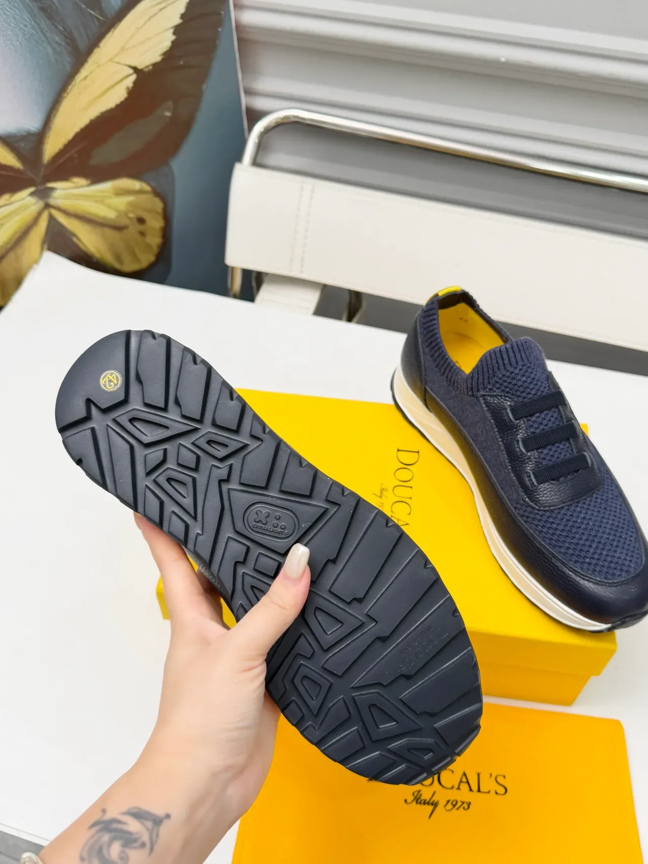 Navy Blue and Yellow Knit-and-Leather Slip-On Lifestyle Sneakers 2