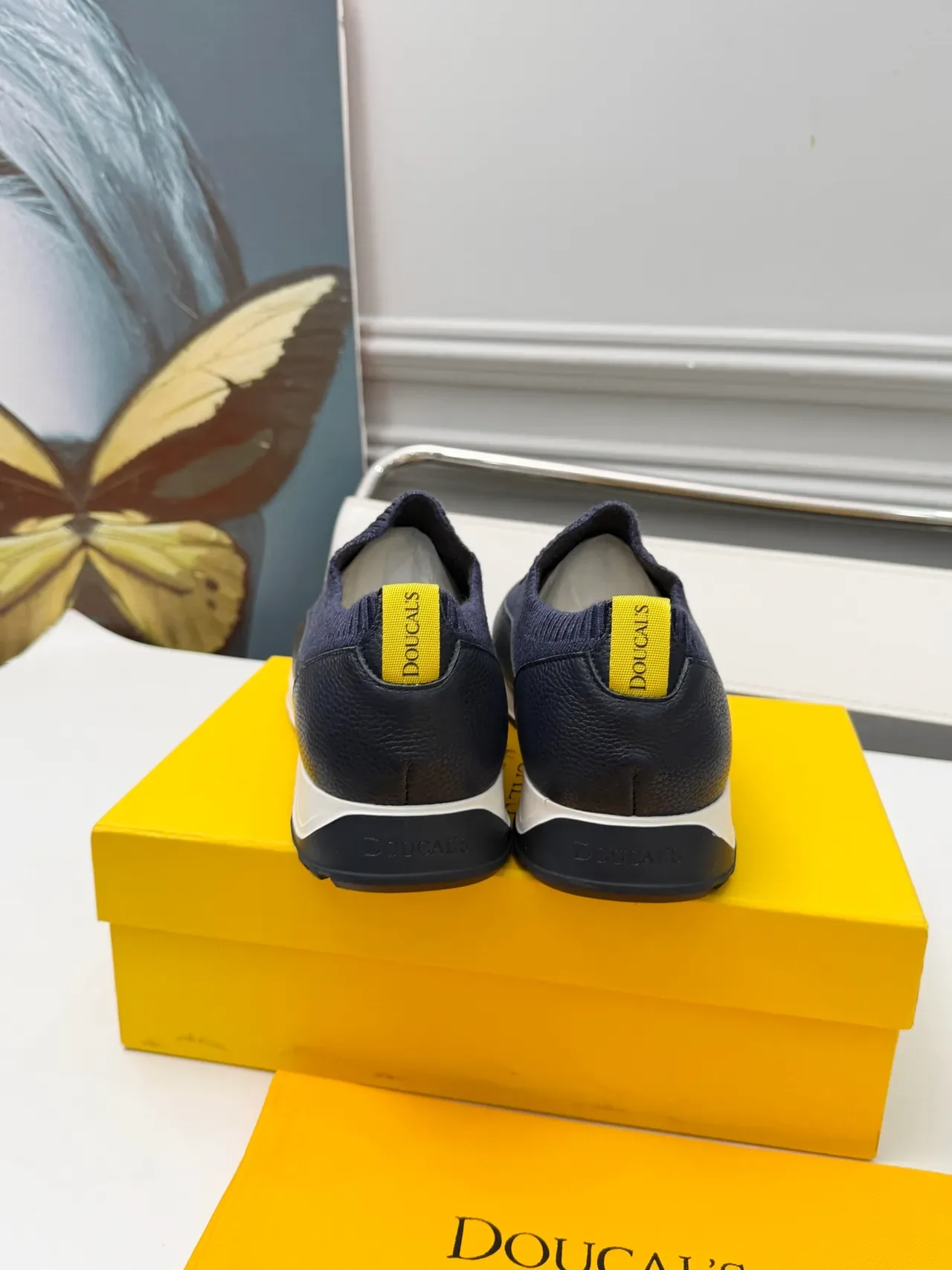 Navy Blue and Yellow Knit-and-Leather Slip-On Lifestyle Sneakers 3
