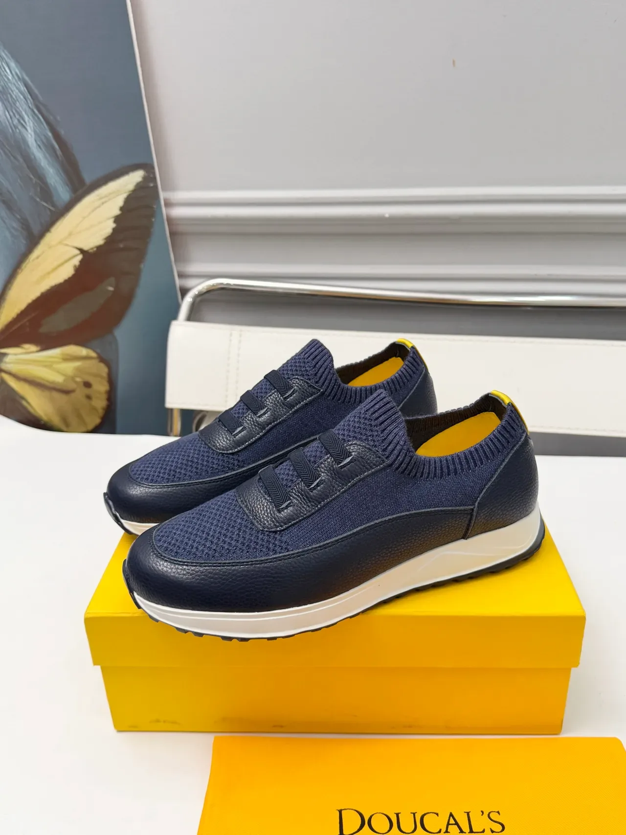 Navy Blue and Yellow Knit-and-Leather Slip-On Lifestyle Sneakers 4