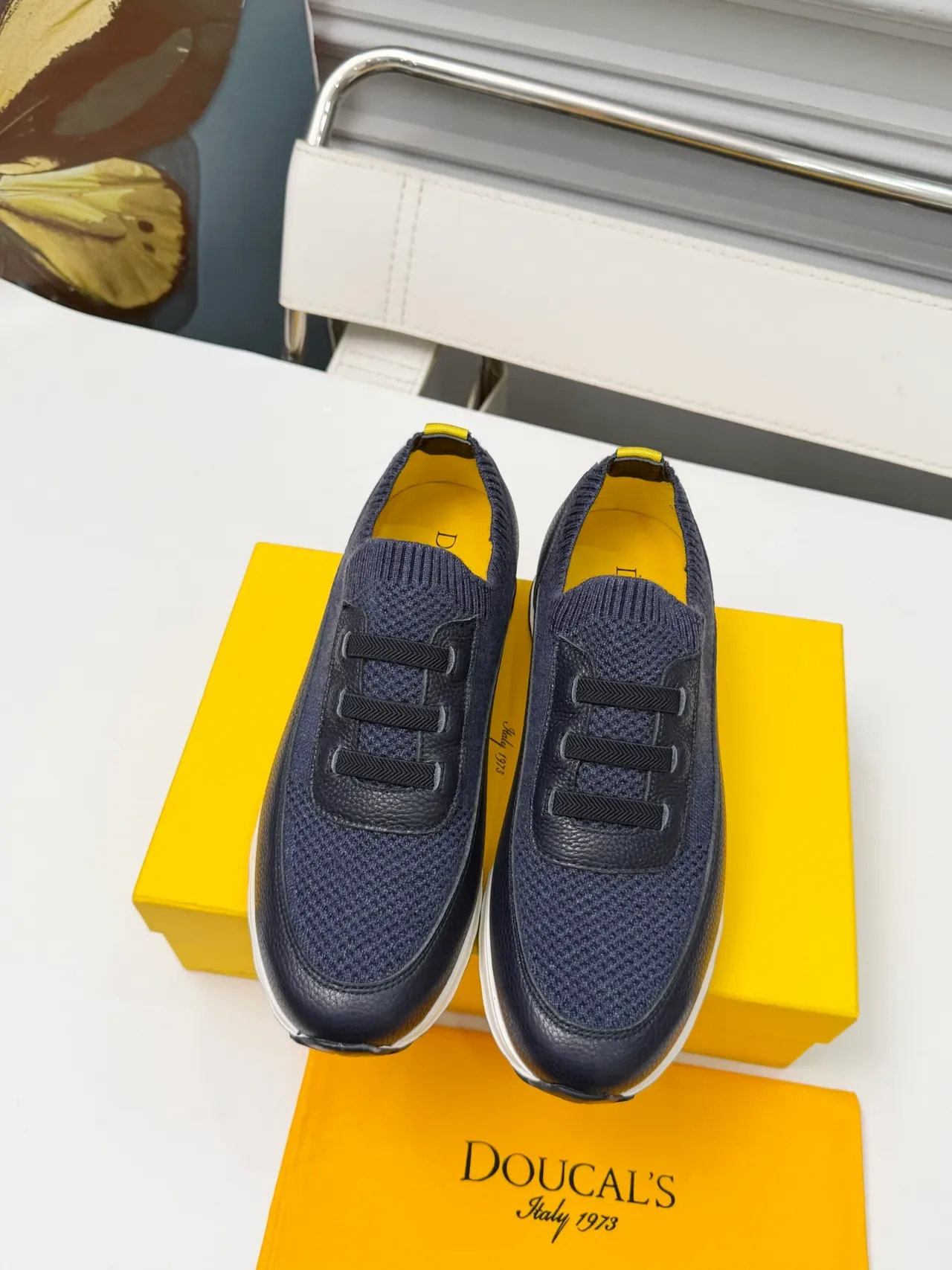 Navy Blue and Yellow Knit-and-Leather Slip-On Lifestyle Sneakers 5