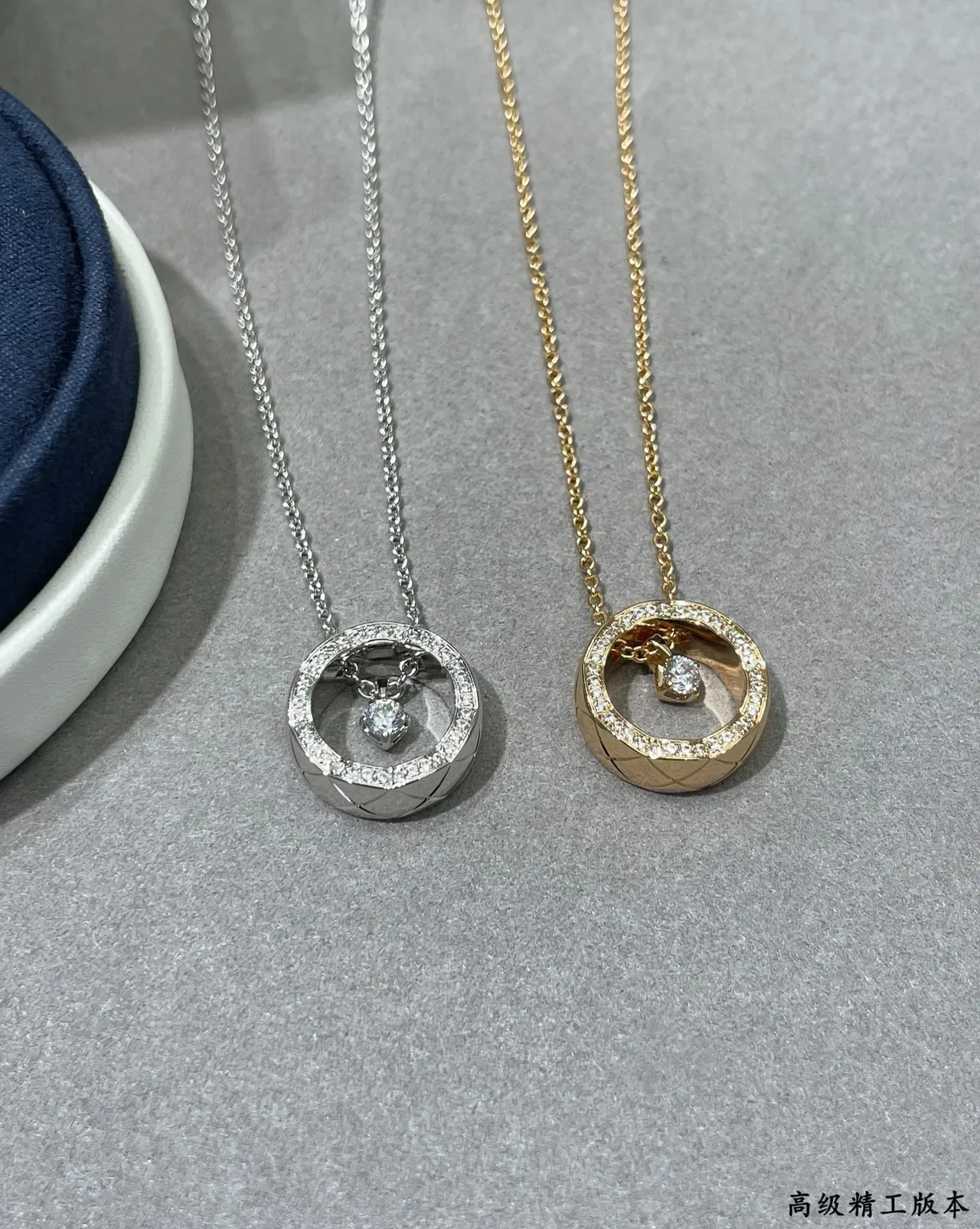 Navy Gold Circular Hoop Pendant Pavé Diamond Bezel Necklace 4