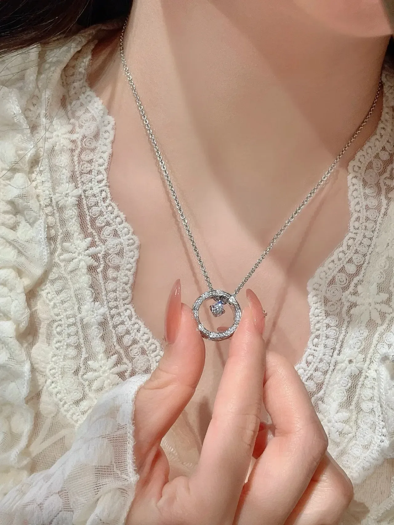 Navy Gold Circular Hoop Pendant Pavé Diamond Bezel Necklace 8