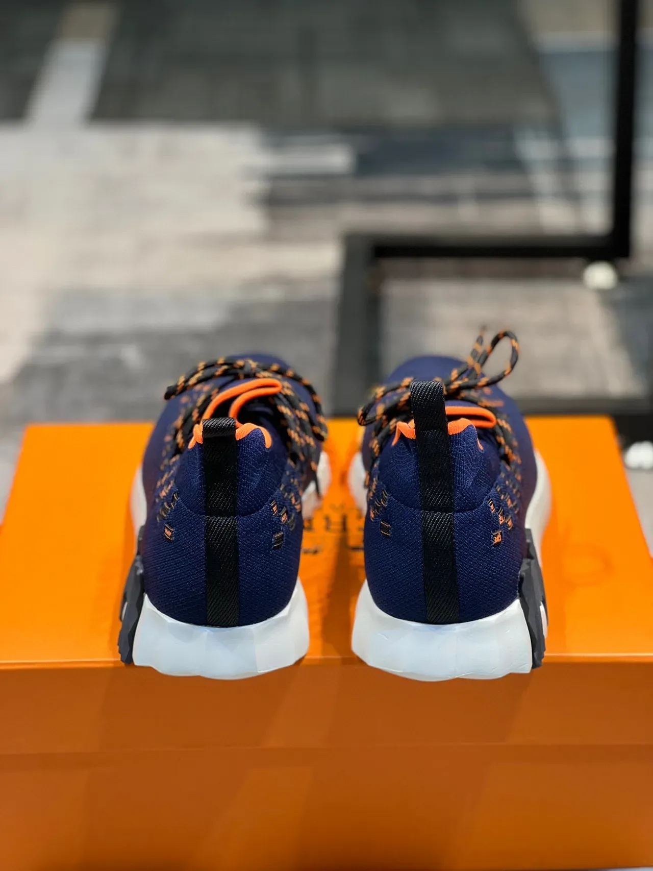 Navy Orange Knit Upper Woven Lace-and-Panel Detail Sneakers 2
