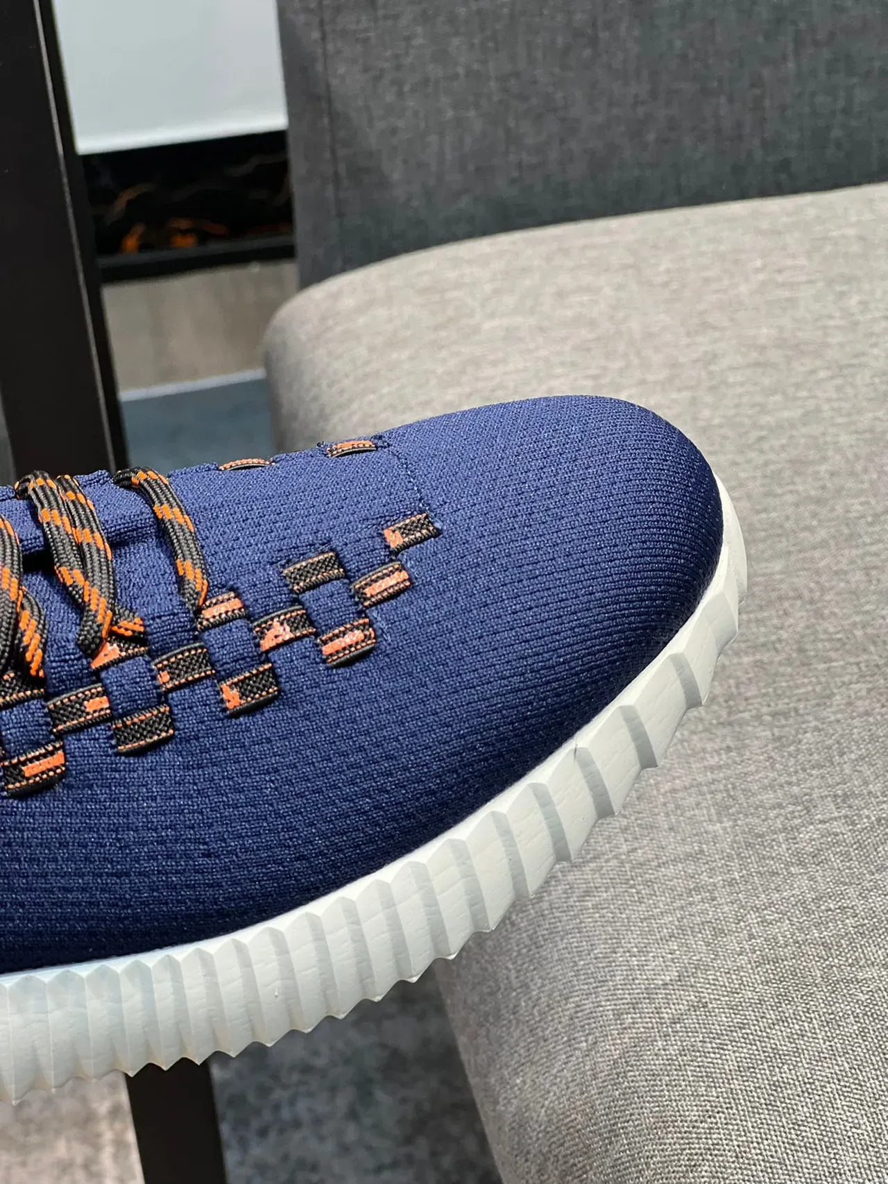 Navy Orange Knit Upper Woven Lace-and-Panel Detail Sneakers 3