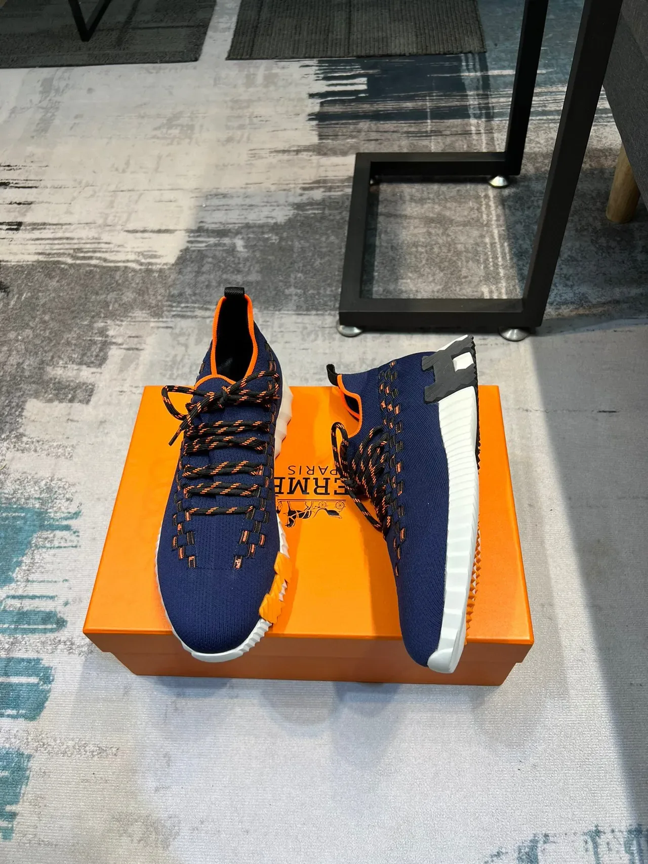 Navy Orange Knit Upper Woven Lace-and-Panel Detail Sneakers 4