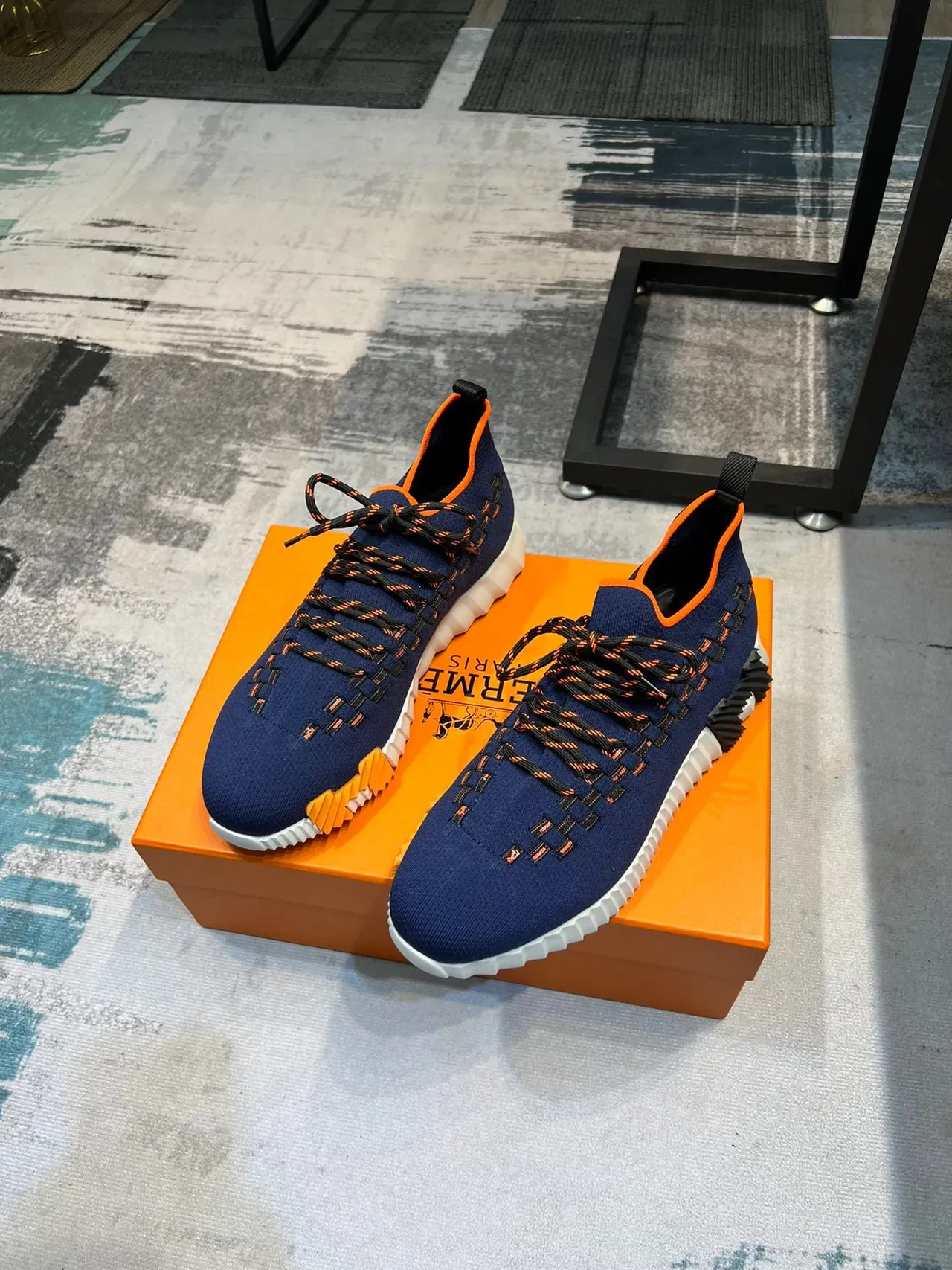 Navy Orange Knit Upper Woven Lace-and-Panel Detail Sneakers 5