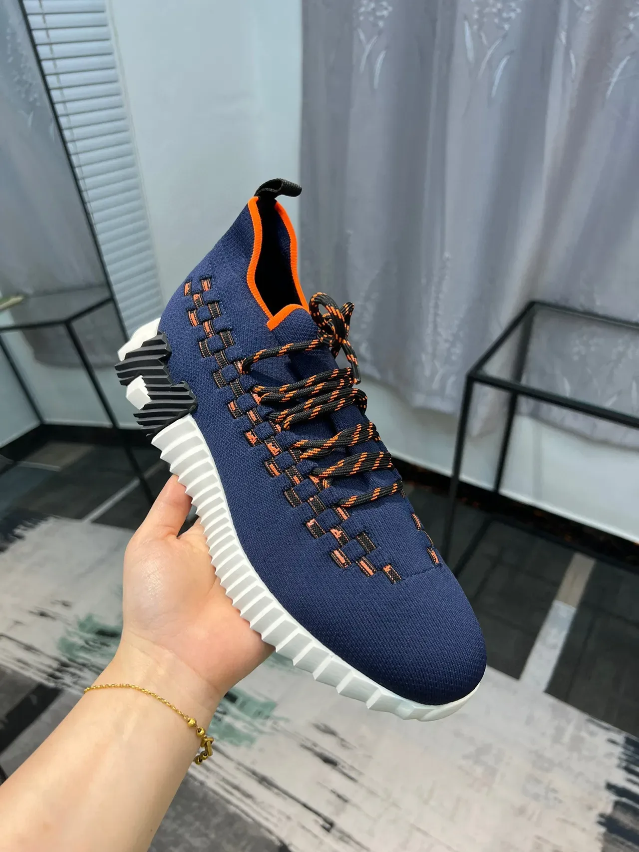 Navy Orange Knit Upper Woven Lace-and-Panel Detail Sneakers 6