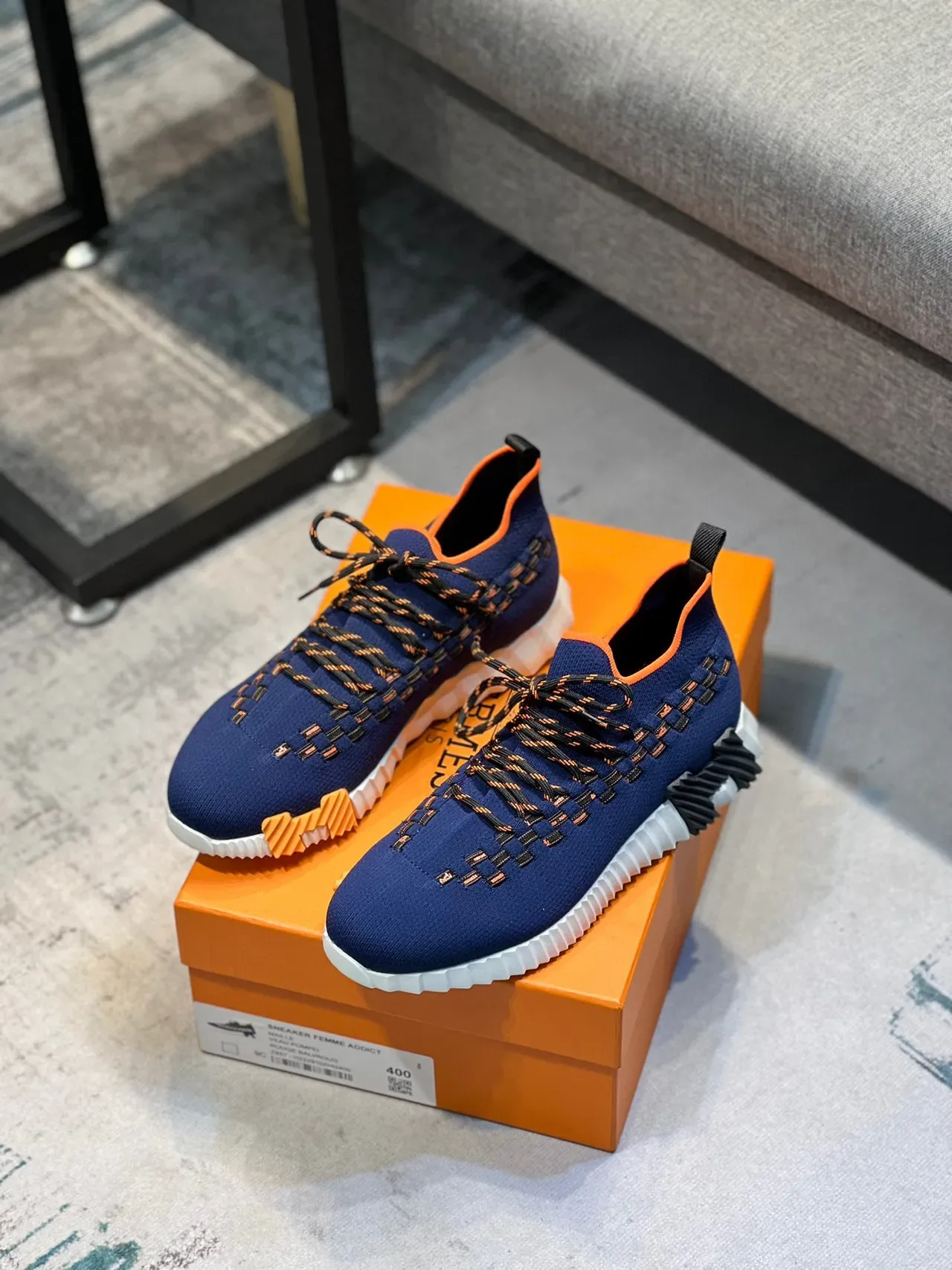 Navy Orange Knit Upper Woven Lace-and-Panel Detail Sneakers 7