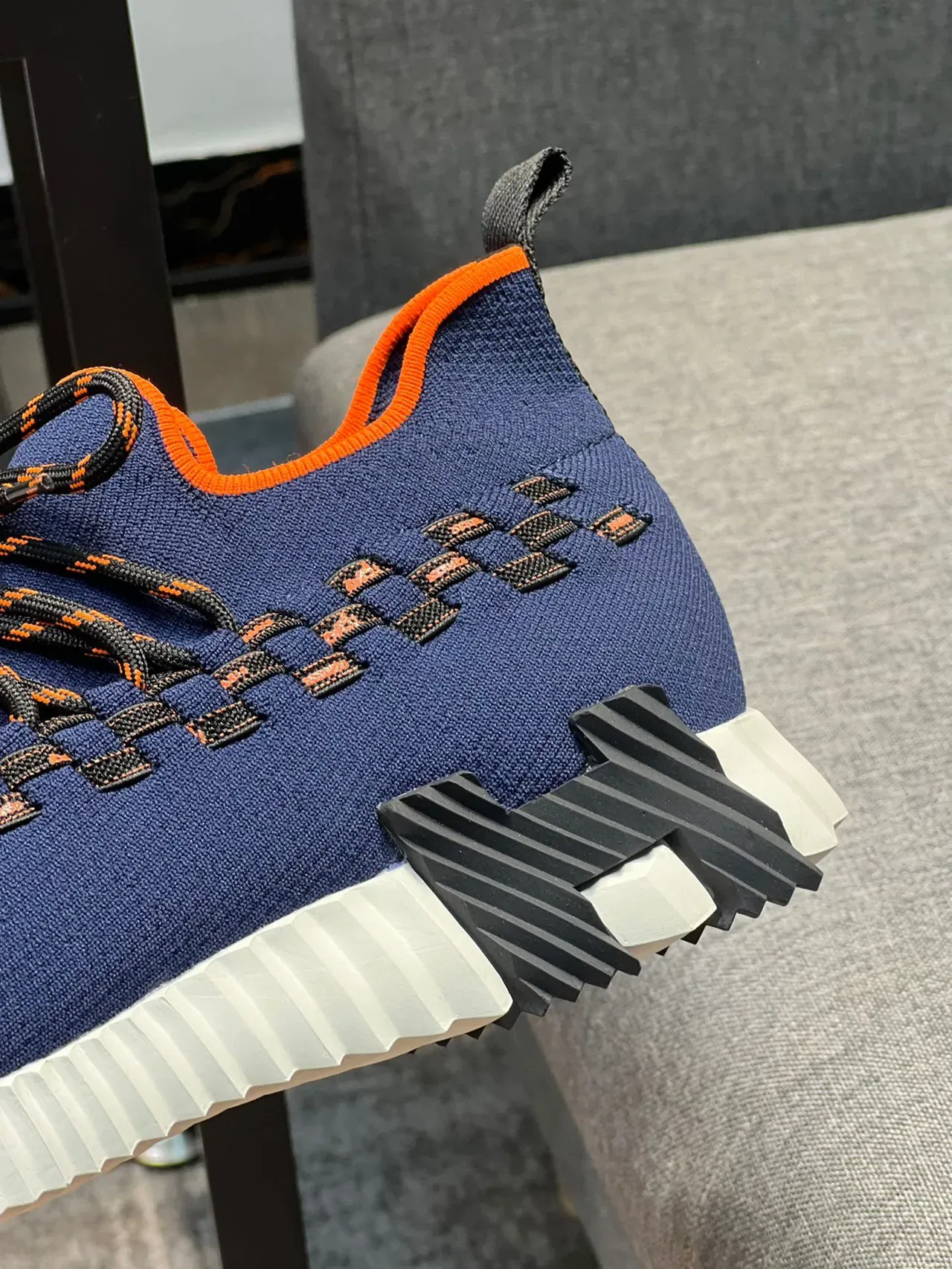 Navy Orange Knit Upper Woven Lace-and-Panel Detail Sneakers 8