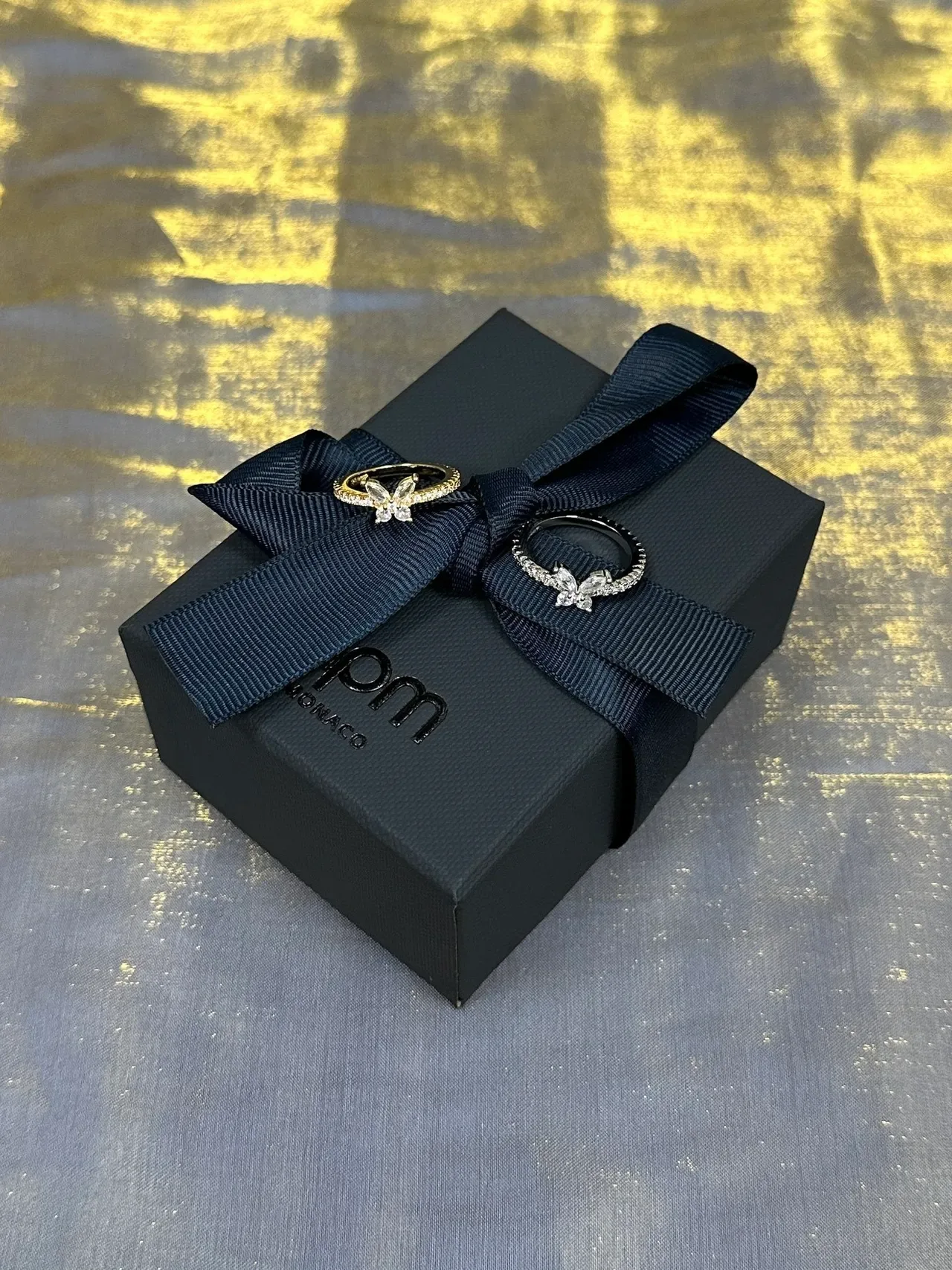 Navy Silver Butterfly Motif Pave-Set Stones Ring 6