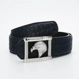 Navy Silver Hexagonal Embossed Eagle-Head Buckle Leather Belt