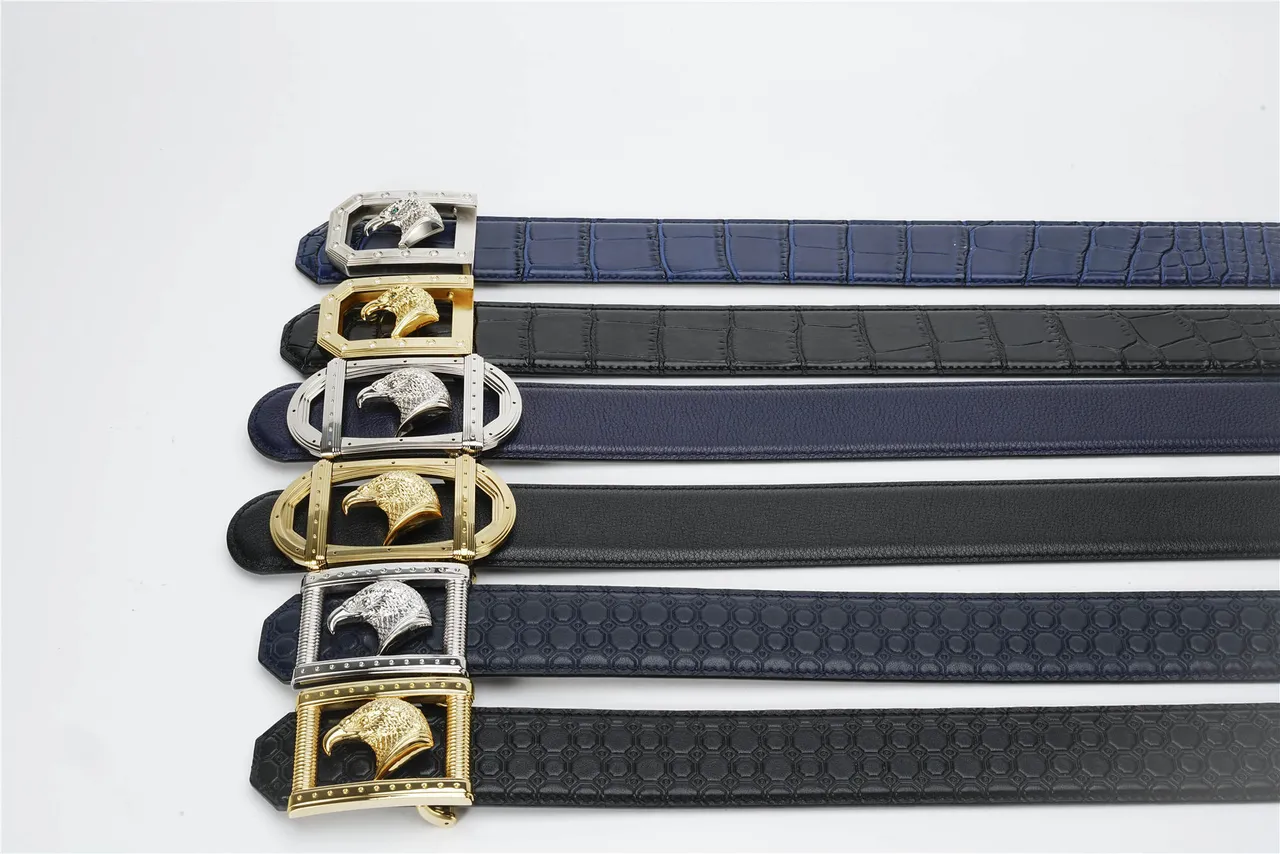 Navy Silver Hexagonal Embossed Eagle-Head Buckle Leather Belt 2