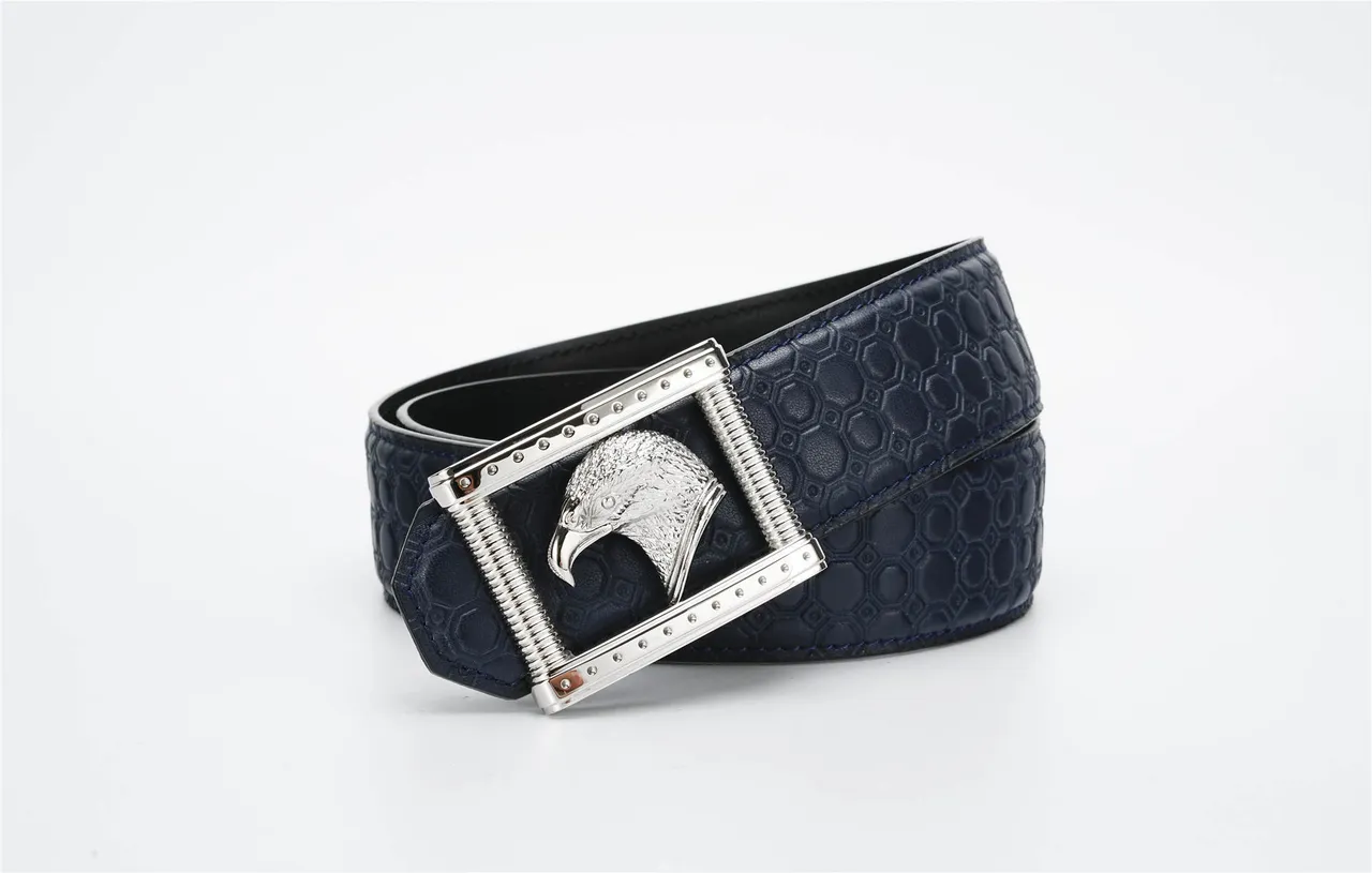 Navy Silver Hexagonal Embossed Eagle-Head Buckle Leather Belt 4
