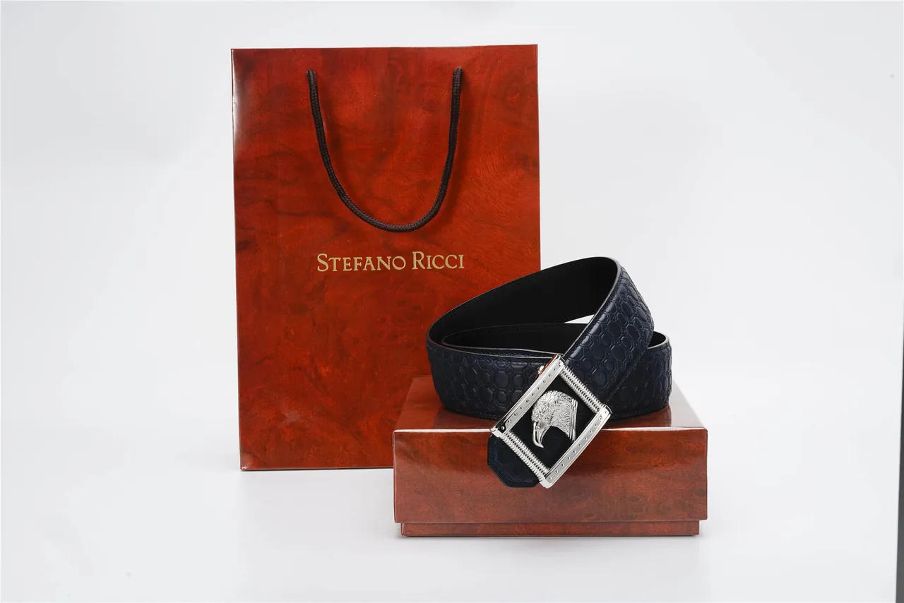 Navy Silver Hexagonal Embossed Eagle-Head Buckle Leather Belt 5