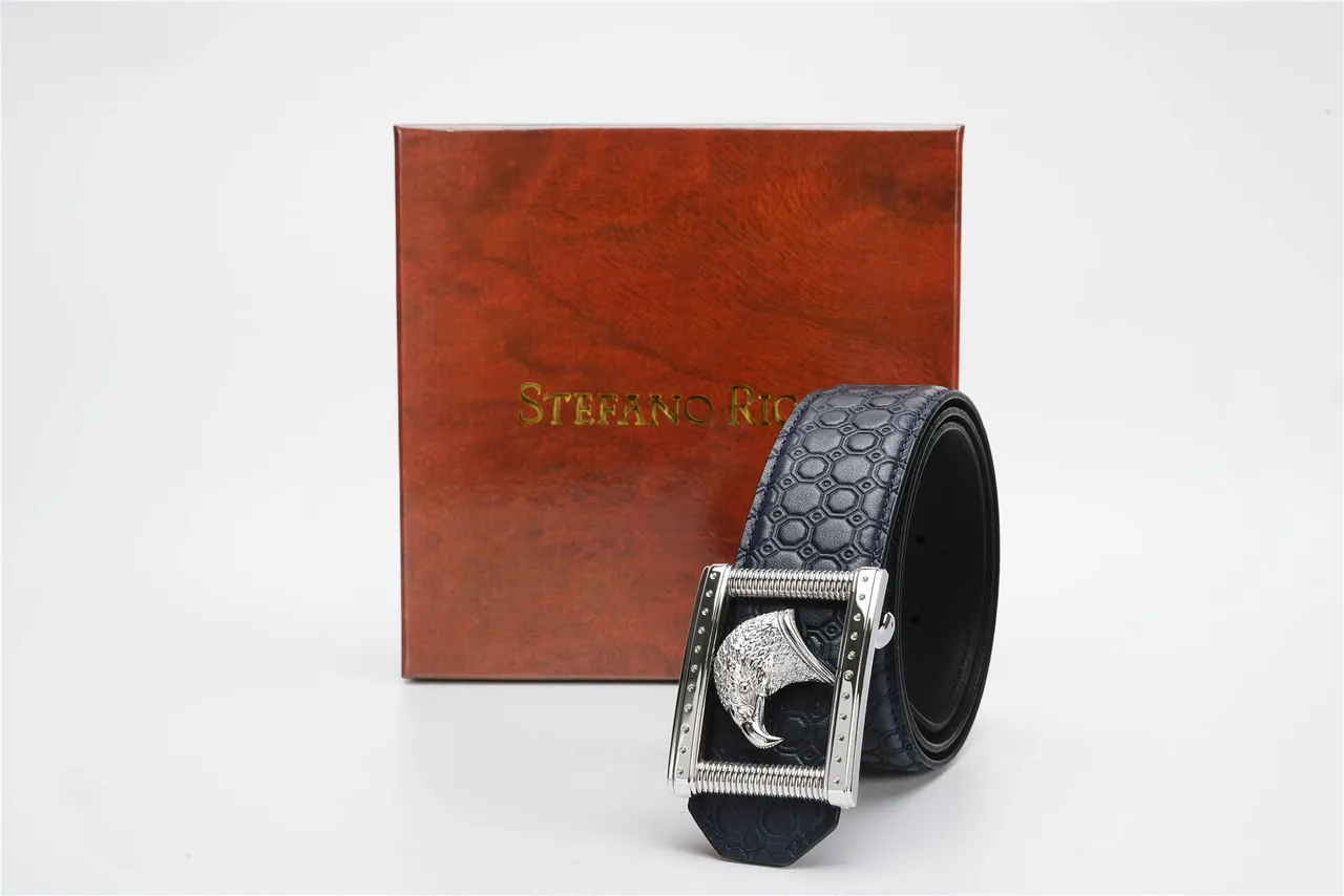 Navy Silver Hexagonal Embossed Eagle-Head Buckle Leather Belt 6