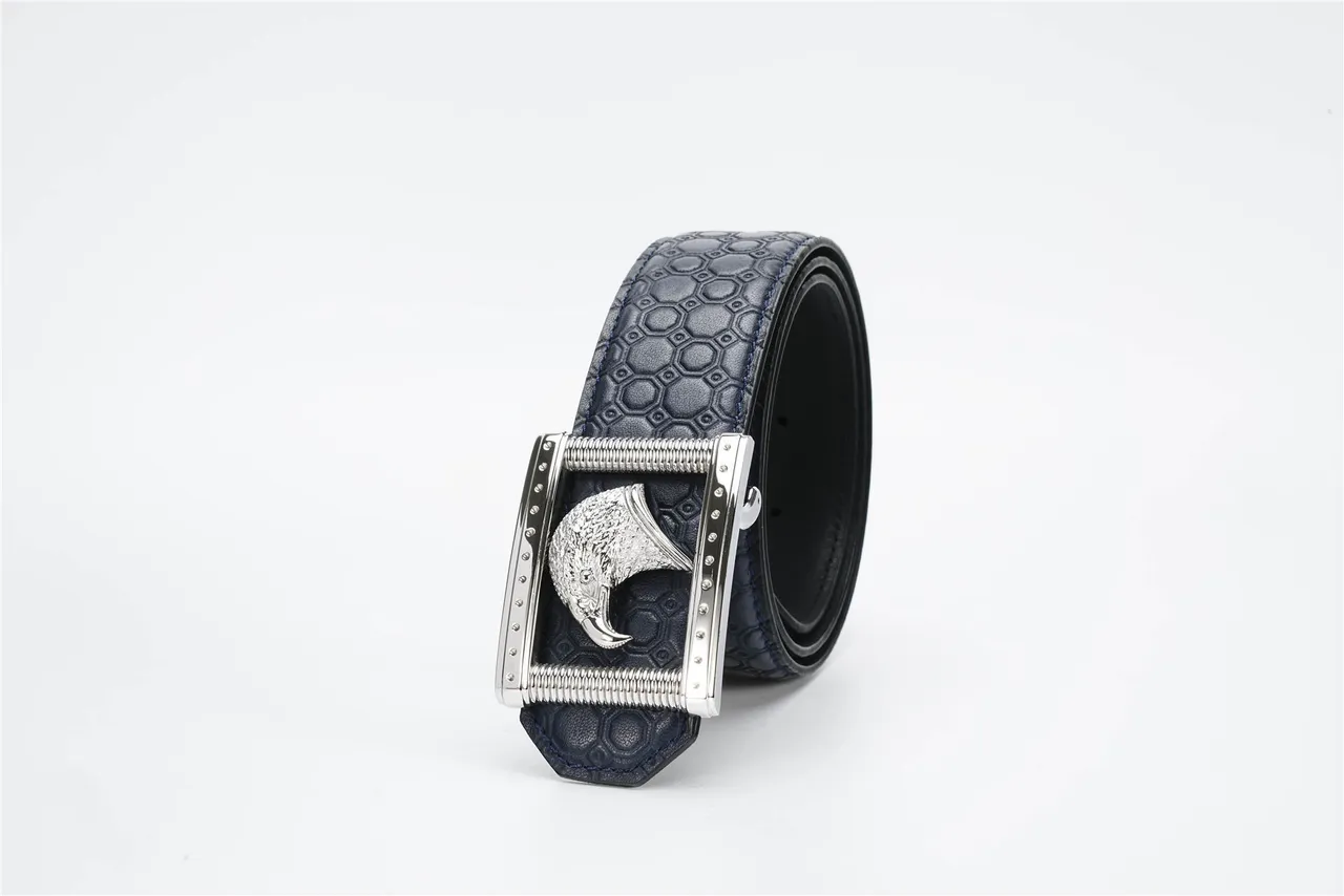 Navy Silver Hexagonal Embossed Eagle-Head Buckle Leather Belt 7
