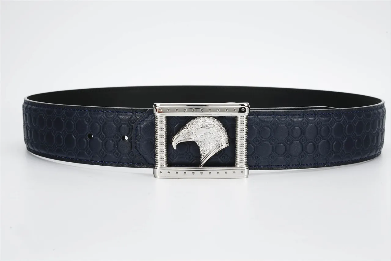Navy Silver Hexagonal Embossed Eagle-Head Buckle Leather Belt 8