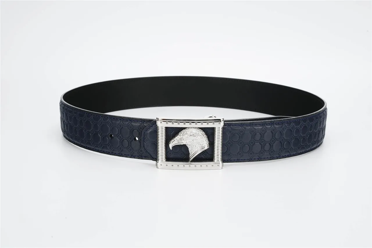 Navy Silver Hexagonal Embossed Eagle-Head Buckle Leather Belt 9