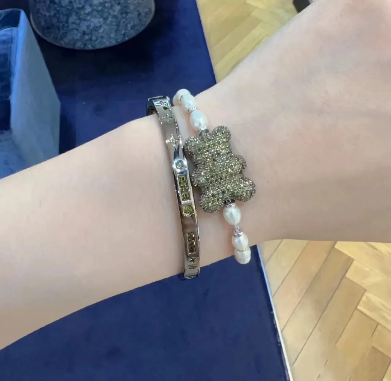 Navy White Pearl-Beaded Textured Charm Centerpiece Bracelet 3