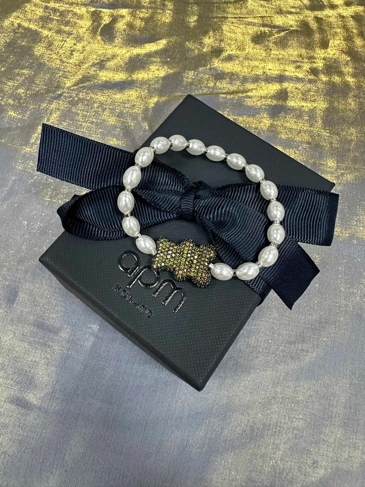 Navy White Pearl-Beaded Textured Charm Centerpiece Bracelet 7