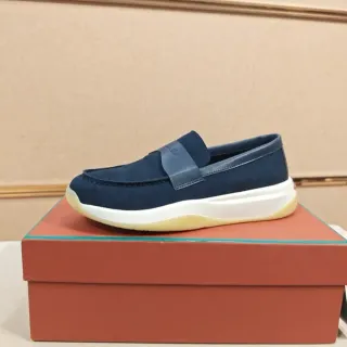 海军蓝白色麂皮鞋面皮革带扣乐福鞋