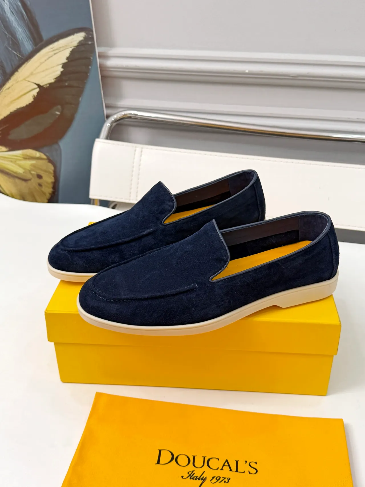 Navy Yellow Suede Upper Moc-Toe Stitching Loafer 4