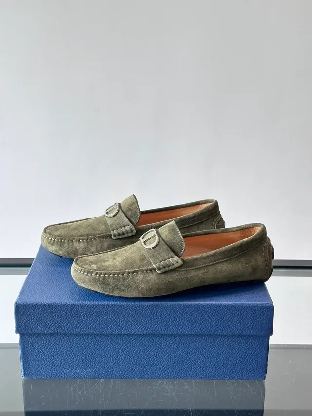 Olive Green Suede Saddle Strap Loafers 2