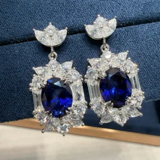Ornate Floral Motif Oval Blue Gemstone and Clear Stone Dangling Earrings